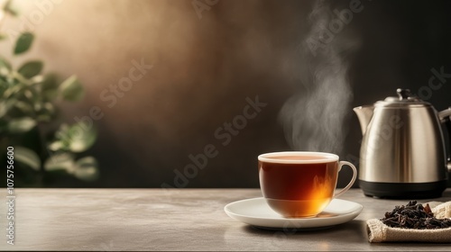 A steaming cup of tea sits on a gray table, next to a shiny, metallic kettle, with a softly focused background of greenery, creating a warm and inviting scene. photo