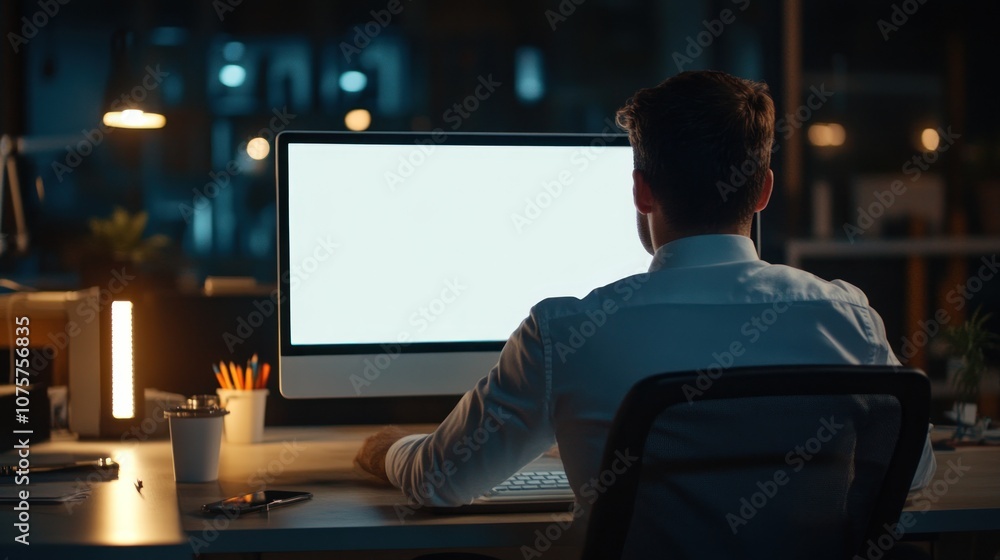 A person working late at a computer in a dimly lit office environment. A person working late at a computer in a dimly lit office environment.