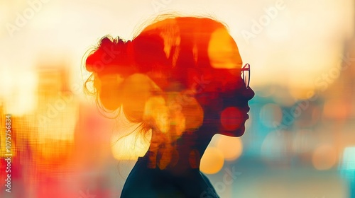 A silhouette of a person with glasses against a colorful, blurred background.