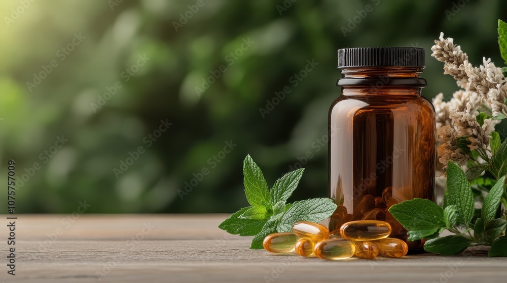 An amber pill bottle next to herbal supplements is surrounded by lush green foliage, promoting natural healing, wellness, and the tranquil beauty of nature's remedies. An amber pill bottle next to herbal supplements is surrounded by lush green foliage, promoting natural healing, wellness, and the tranquil beauty of nature's remedies.