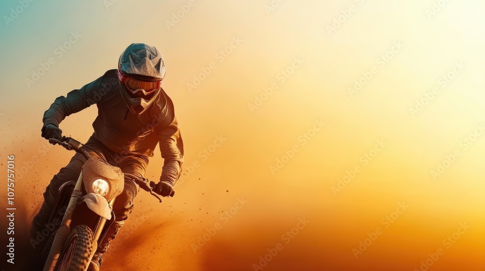 A motorcyclist leans forward as they race through a sandy desert landscape with the sun rising in the background, creating a dramatic and dynamic scene. A motorcyclist leans forward as they race through a sandy desert landscape with the sun rising in the background, creating a dramatic and dynamic scene.