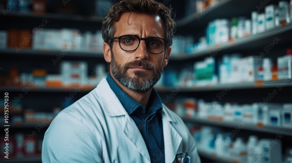 A middle-aged pharmacist with a thoughtful expression and glasses stands surrounded by neatly arranged pharmaceutical shelves, conveying diligence and care. A middle-aged pharmacist with a thoughtful expression and glasses stands surrounded by neatly arranged pharmaceutical shelves, conveying diligence and care.