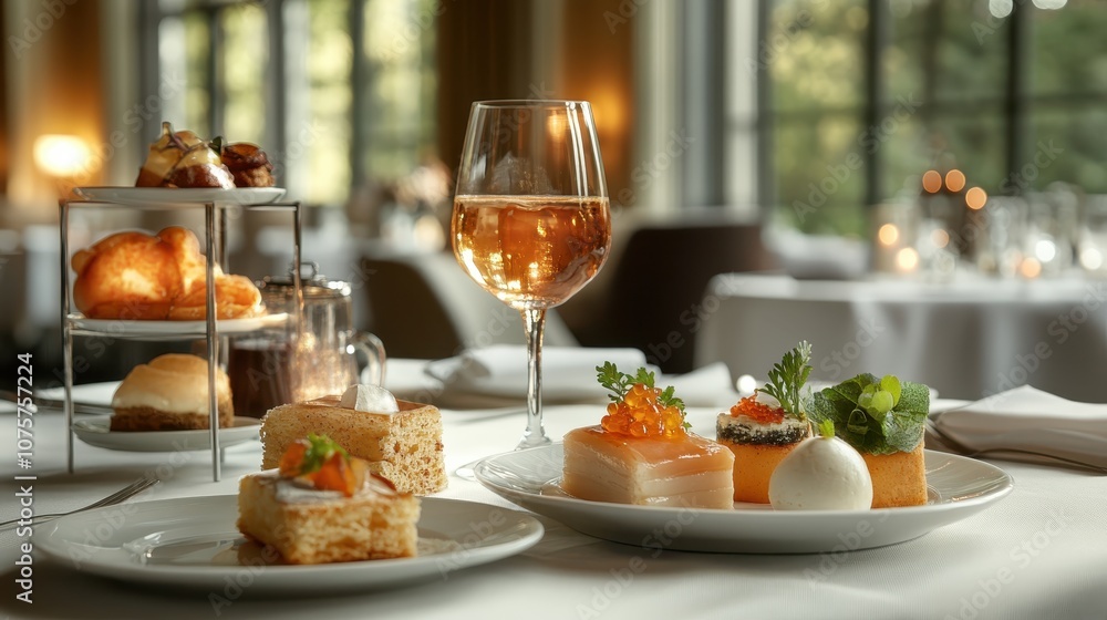 An elegant dining room setting featuring gourmet dessert plates and wine, capturing the essence of sophisticated luxury dining experience and refined indulgence. An elegant dining room setting featuring gourmet dessert plates and wine, capturing the essence of sophisticated luxury dining experience and refined indulgence.