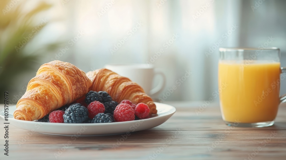 A vibrant breakfast scene with buttery croissants, fresh berries, and a glass of orange juice elegantly arranged on a table, evoking a sense of indulgence and vitality. A vibrant breakfast scene with buttery croissants, fresh berries, and a glass of orange juice elegantly arranged on a table, evoking a sense of indulgence and vitality.