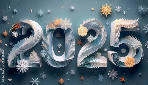 Happy New Year 2025 text origami style celebration postcard white blue colors