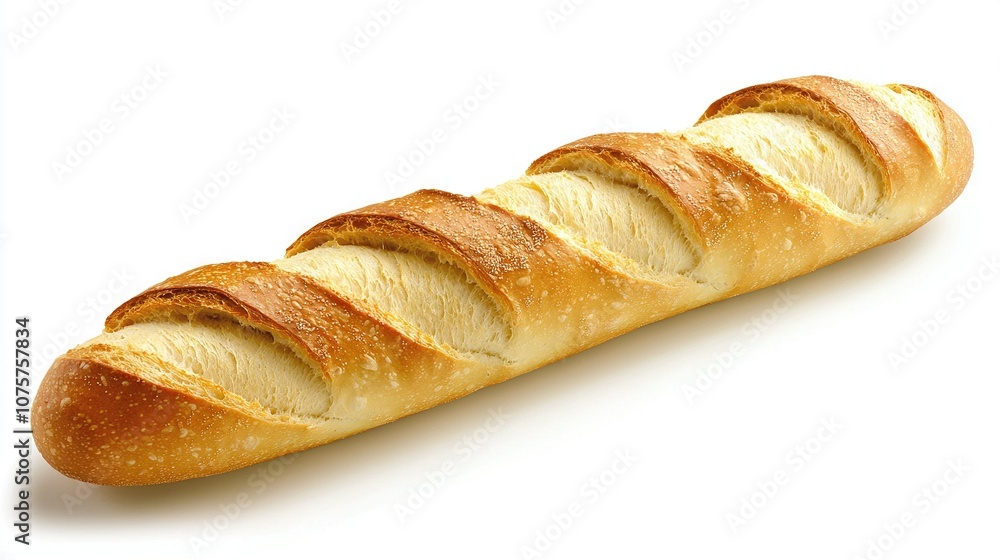 Close-up photo of long loaf of bread on white background, showing some sliced pieces Close-up photo of long loaf of bread on white background, showing some sliced pieces