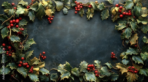 Holly Wreath Border: A festive and elegant frame of holly leaves and red berries on a dark blue background, perfect for adding a touch of Christmas cheer to your designs.  photo