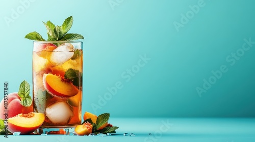 Tall, refreshing glass of peach iced tea with a generous helping of ice cubes and fresh mint. Peaches scattered for a suntouched, fruity visual delight. photo