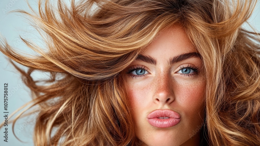 A striking portrait captures a woman with voluminous, flowing hair elevated around her head, expressing bold confidence and beauty against a plain background indoors. A striking portrait captures a woman with voluminous, flowing hair elevated around her head, expressing bold confidence and beauty against a plain background indoors.