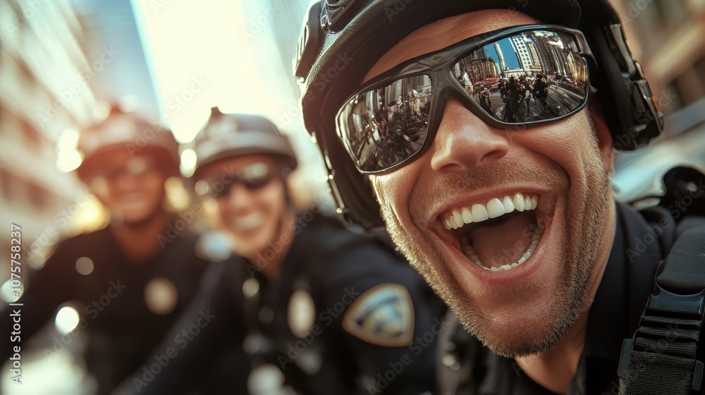 A vibrant photo capturing a group of cheerful police officers in an urban environment, displaying camaraderie and friendliness, with buildings reflecting in sunglasses. A vibrant photo capturing a group of cheerful police officers in an urban environment, displaying camaraderie and friendliness, with buildings reflecting in sunglasses.