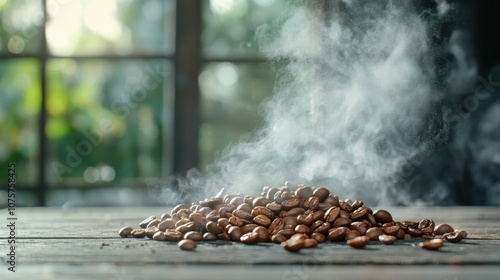 A visually evocative scene of coffee beans with steam rising on a rustic wooden table, merging an antique setting with a rich sensory coffee experience. photo