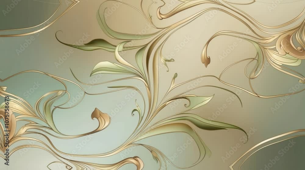 Abstract floral pattern with green leaves and gold stems on a gradient background. Abstract floral pattern with green leaves and gold stems on a gradient background.