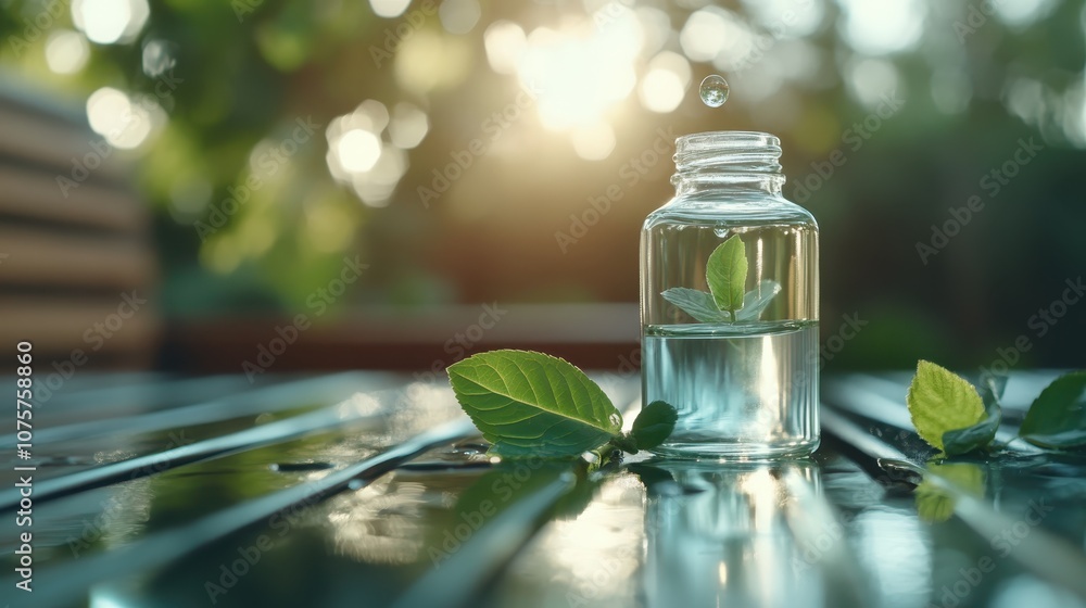 A delicate droplet hovers above a glass bottle containing a floating leafy green sprig, illuminated by sunlight, encapsulating freshness and purity in nature. A delicate droplet hovers above a glass bottle containing a floating leafy green sprig, illuminated by sunlight, encapsulating freshness and purity in nature.