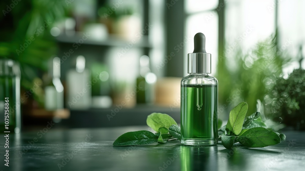 Clear glass bottle of herbal serum with basil leaves, placed on a glossy surface under soft sunlight, symbolizing natural wellness and health through simplicity. Clear glass bottle of herbal serum with basil leaves, placed on a glossy surface under soft sunlight, symbolizing natural wellness and health through simplicity.