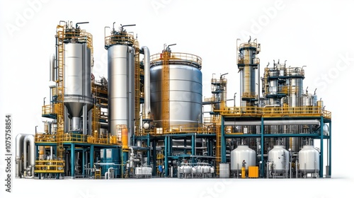 Industrial chemical plant with large machinery, vats, and pipes processing raw materials, isolated on white