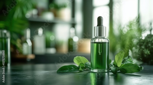 Clear glass bottle of herbal serum with basil leaves, placed on a glossy surface under soft sunlight, symbolizing natural wellness and health through simplicity.