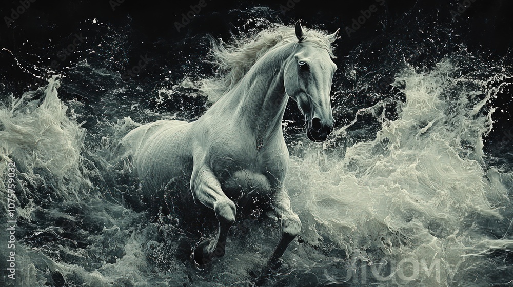 A majestic white horse gallops through a wave of water, its mane flowing in the wind. A majestic white horse gallops through a wave of water, its mane flowing in the wind.