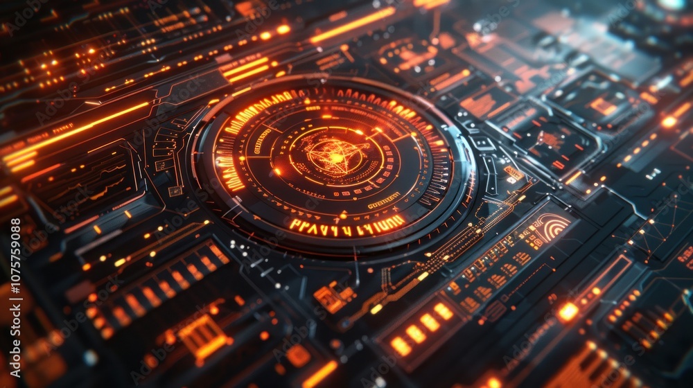 Close-up of a futuristic circuit board with a glowing orange center. Close-up of a futuristic circuit board with a glowing orange center.