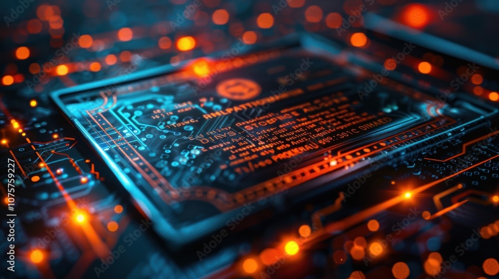 A close-up of a computer chip with glowing circuits. A close-up of a computer chip with glowing circuits.