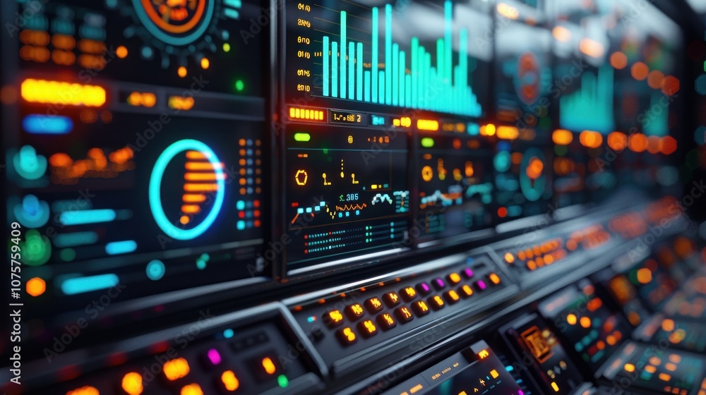 Futuristic control panel with glowing blue and orange indicators, displaying charts and graphs. Futuristic control panel with glowing blue and orange indicators, displaying charts and graphs.