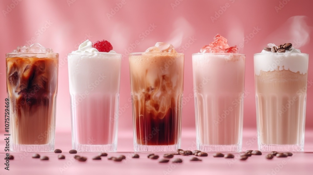 Array of five delightful beverages including iced coffee, pink strawberry milkshake, and berry-infused drinks, each with unique flavors, perfect for any occasion. Array of five delightful beverages including iced coffee, pink strawberry milkshake, and berry-infused drinks, each with unique flavors, perfect for any occasion.