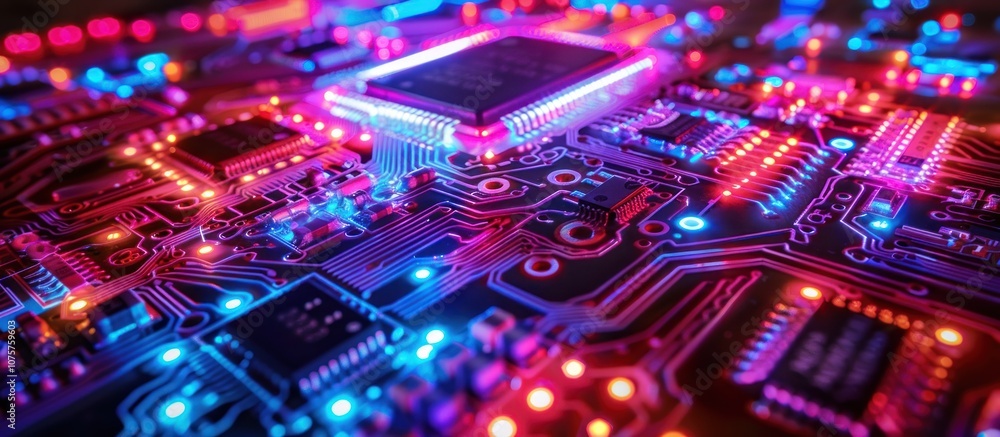 A close-up of a circuit board with glowing red and blue lights. A close-up of a circuit board with glowing red and blue lights.