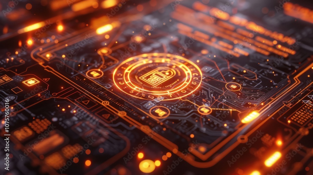 Fototapeta premium Close-up of a glowing padlock icon on a circuit board, representing digital security and protection.