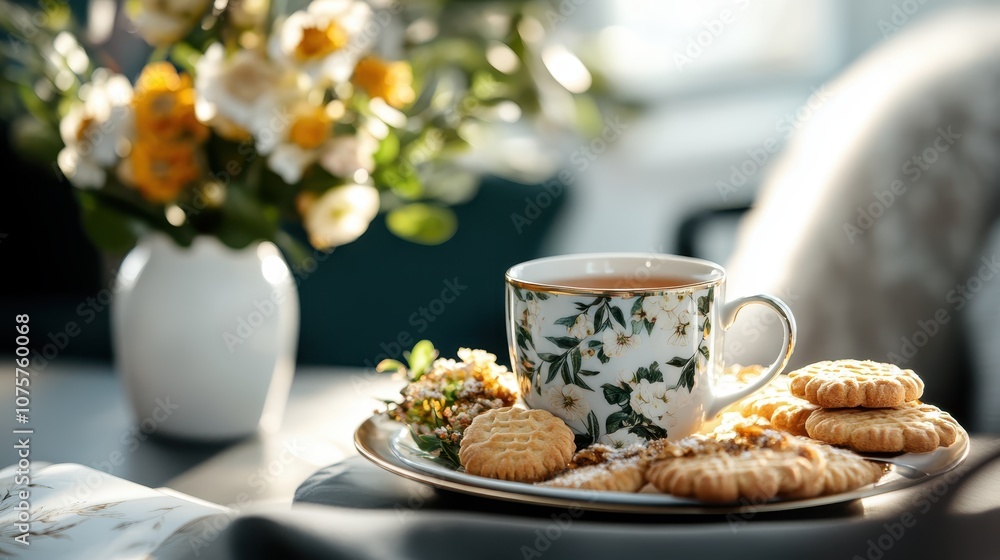 An ornate tea cup accompanied by delicious cookies and a fresh floral bouquet captures elegance, suggesting a moment of relaxation and refined taste. An ornate tea cup accompanied by delicious cookies and a fresh floral bouquet captures elegance, suggesting a moment of relaxation and refined taste.