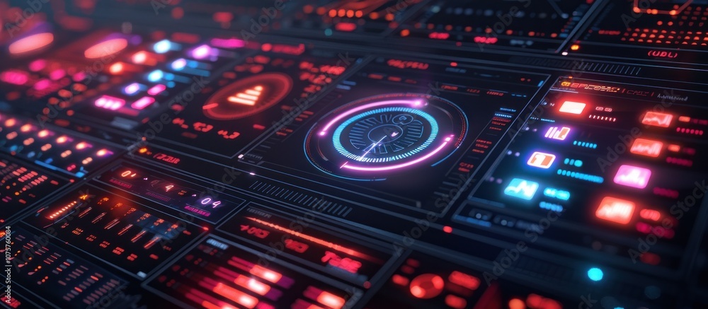 Futuristic digital interface with glowing buttons, graphs and indicators. Futuristic digital interface with glowing buttons, graphs and indicators.