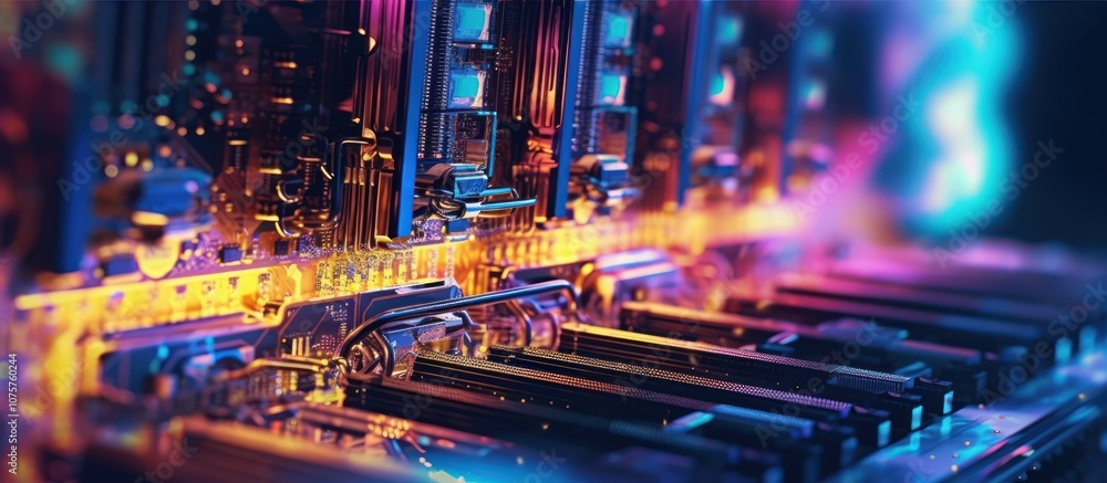 Obraz premium Close-up of a computer motherboard with colorful lights.