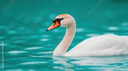 Fototapeta Naklejka Na Ścianę i Meble -  Elegant White Swan Swimming in Turquoise Water   Nature Wildlife Photography
