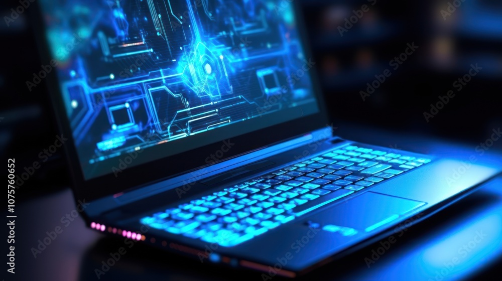 A black laptop with a blue backlit keyboard showing a futuristic sci-fi user interface with glowing lines. A black laptop with a blue backlit keyboard showing a futuristic sci-fi user interface with glowing lines.