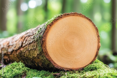 Close-up of a freshly cut tree trunk in the forest, symbolizing logging and wood processing. photo