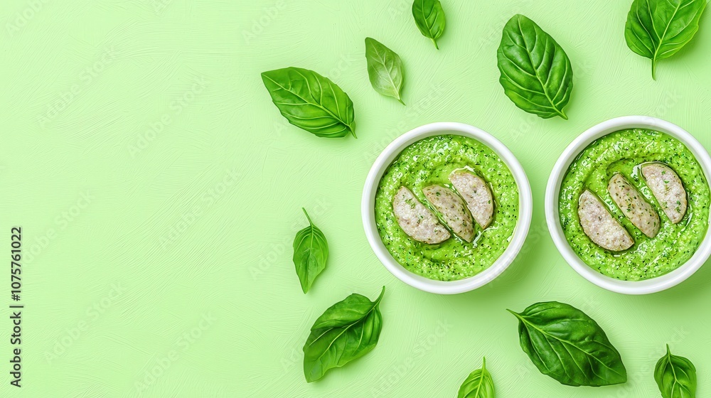 Green Pesto Soup with Sausage Slices and Basil Leaves on Green Background Green Pesto Soup with Sausage Slices and Basil Leaves on Green Background