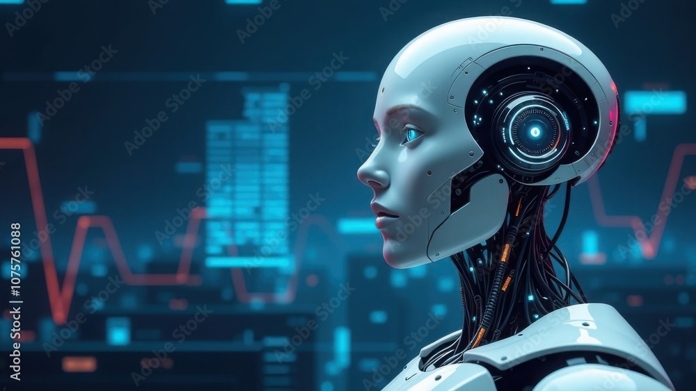 Side view of a humanoid robot on a background of digital data and red line graphs. Artificial intelligence and technology concept. Design for posters, educational materials, and tech illustrations Side view of a humanoid robot on a background of digital data and red line graphs. Artificial intelligence and technology concept. Design for posters, educational materials, and tech illustrations