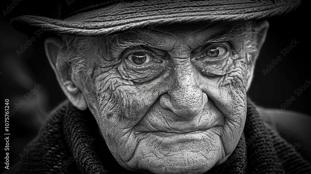 An old man with a hat and a scarf on his neck