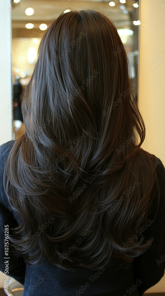 Woman's head with wavy hair in front of salon mirror Woman's head with wavy hair in front of salon mirror