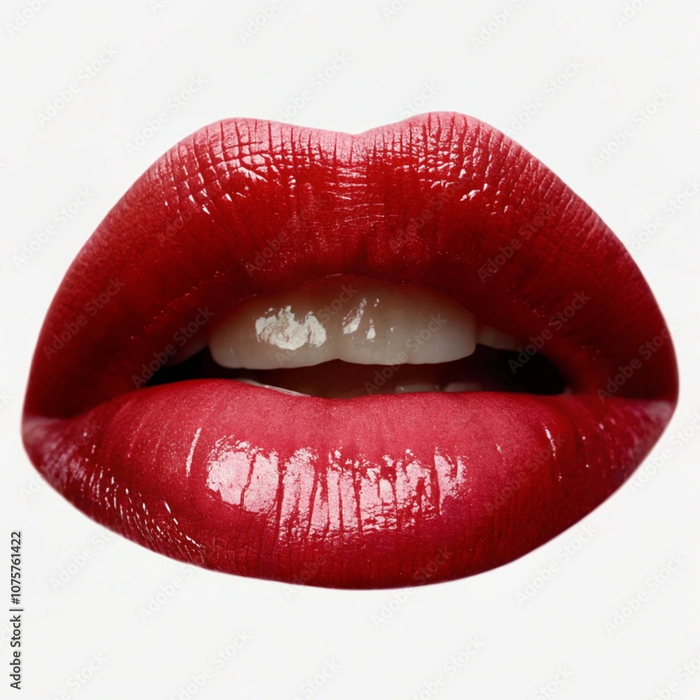 Fototapeta premium close-up of a pair of sensual, glossy red lips. The lips are prominently featured, taking up the majority of the frame, with the teeth visible in the center. The lighting and focus draw attention to t