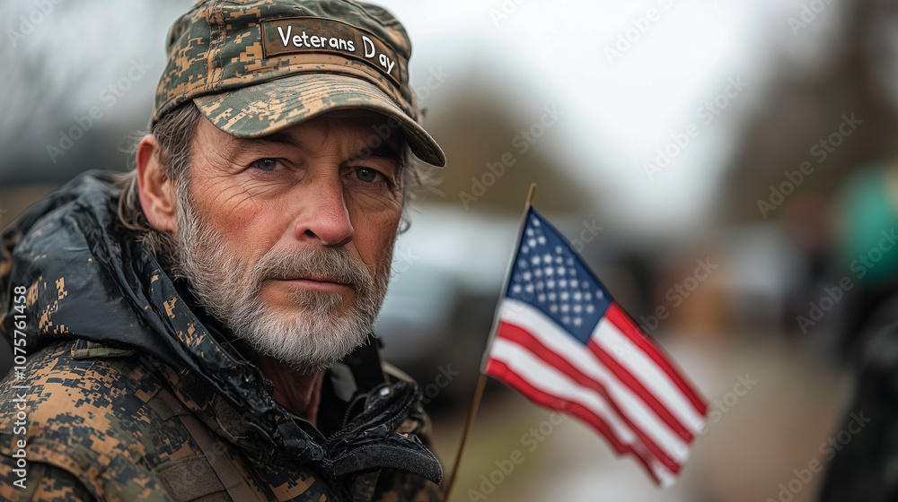 A veteran holding a small American flag on a background of stars and stripes, A veteran holding a small American flag on a background of stars and stripes,