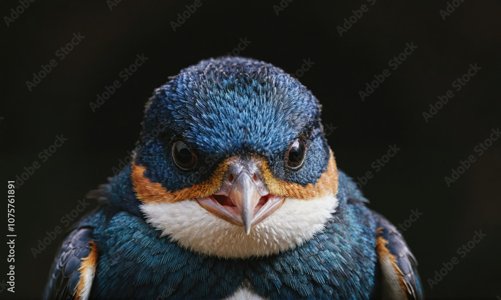 A small blue bird stares intently at the camera, its dark eyes focused and feathers ruffled A small blue bird stares intently at the camera, its dark eyes focused and feathers ruffled