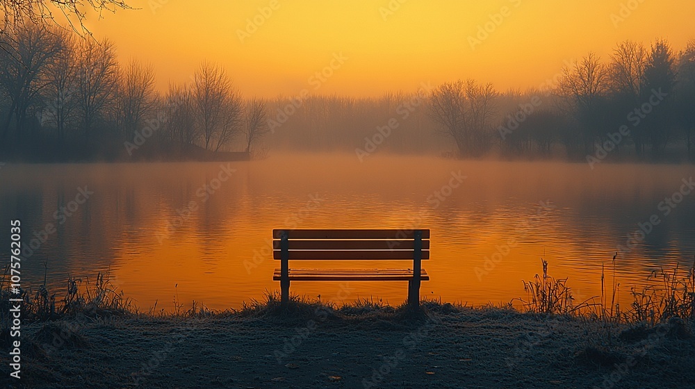 Bench at lake shore under foggy yellow-orange sky Bench at lake shore under foggy yellow-orange sky