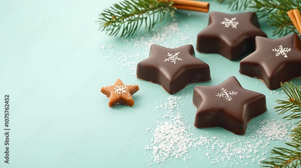 A cozy arrangement of star-shaped chocolates and a gingerbread cookie, accented with evergreen branches on a soft blue background.