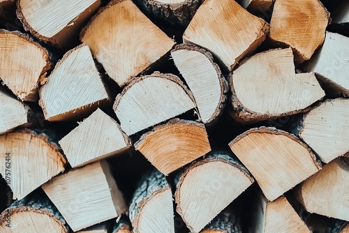 Stacked firewood pieces in a close-up view, symbolizing wood processing and natural resources. photo