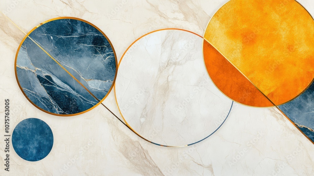 3d modern minimalist mural wallpaper. carpet geometric pattern artistic background wall. golden lines orange and blue circles on light marble background 3d modern minimalist mural wallpaper. carpet geometric pattern artistic background wall. golden lines orange and blue circles on light marble background