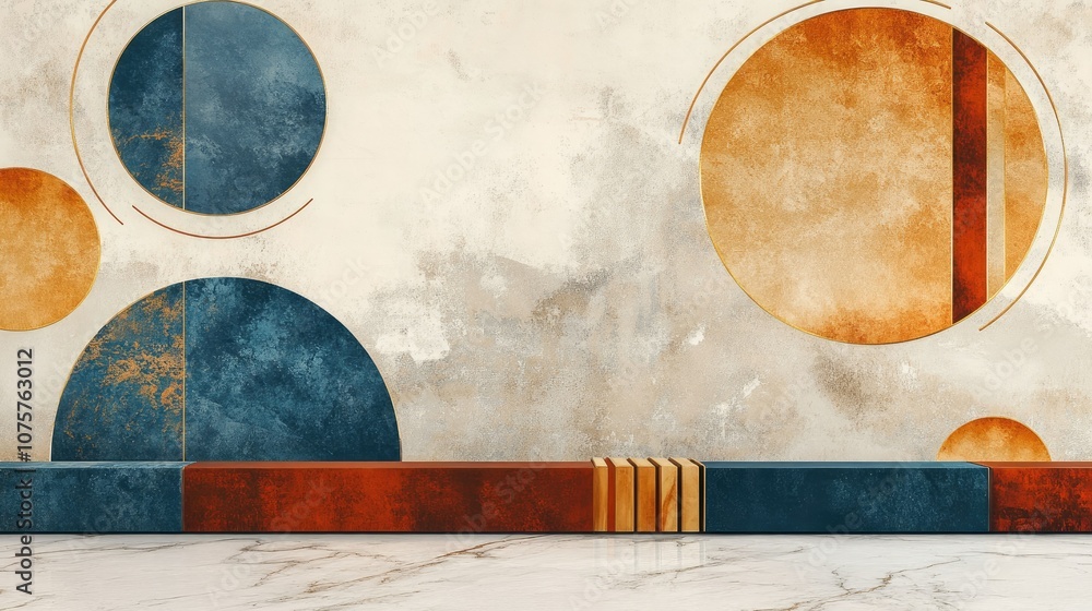 3d modern minimalist mural wallpaper. carpet geometric pattern artistic background wall. golden lines orange and blue circles on light marble background 3d modern minimalist mural wallpaper. carpet geometric pattern artistic background wall. golden lines orange and blue circles on light marble background