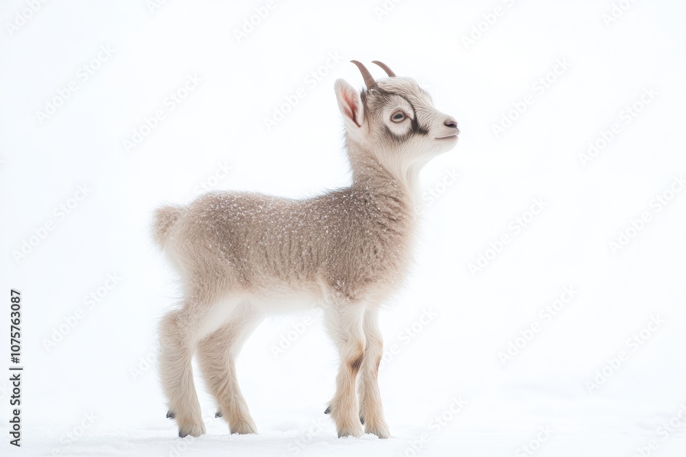 the beside view baby Wild Goat standing, left side view, low angle, white copy space on right, Isolated on White Background the beside view baby Wild Goat standing, left side view, low angle, white copy space on right, Isolated on White Background