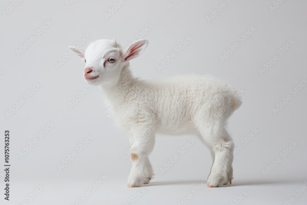 Fototapeta premium the beside view baby Domestic Goat standing, left side view, low angle, white copy space on right, Isolated on White Background