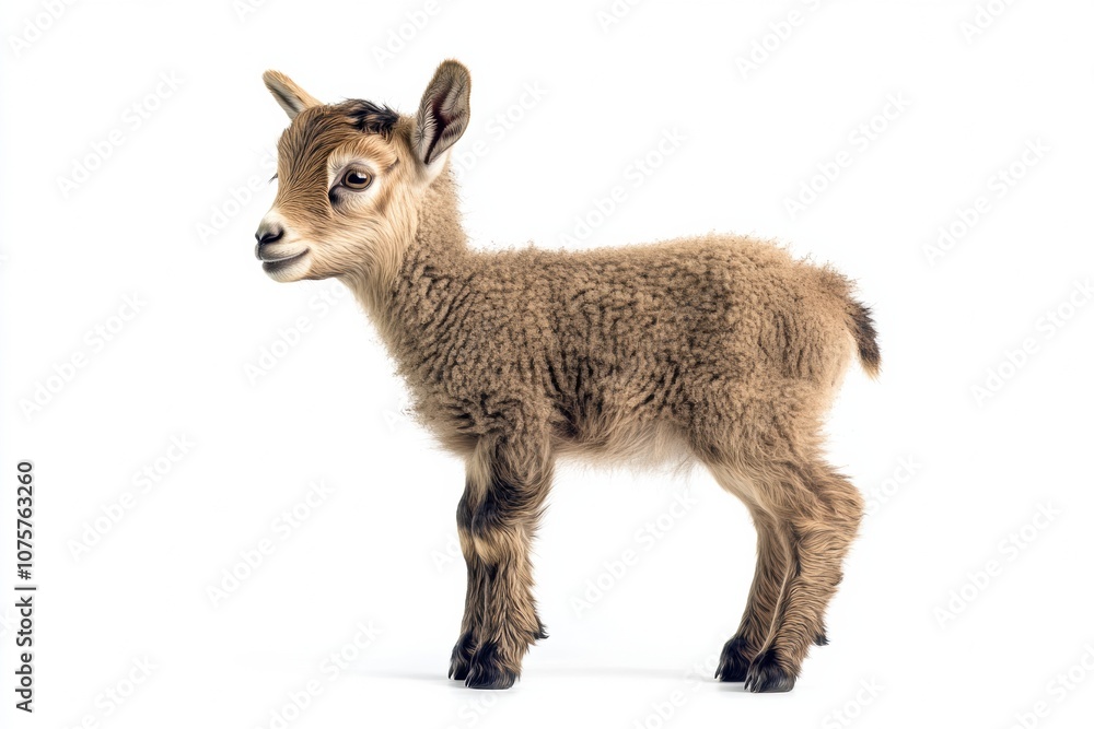the beside view baby Wild Goat standing, left side view, low angle, white copy space on right, Isolated on White Background the beside view baby Wild Goat standing, left side view, low angle, white copy space on right, Isolated on White Background