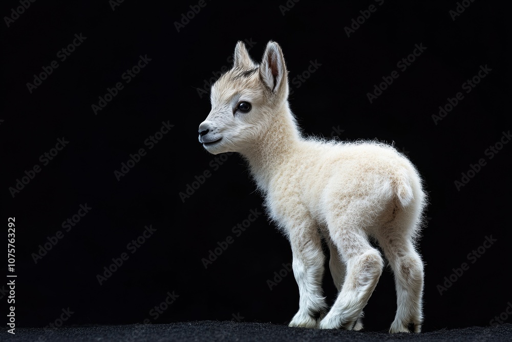 Obraz premium the beside view baby Alpine Ibex standing, left side view, low angle, white copy space on right, Isolated on black Background
