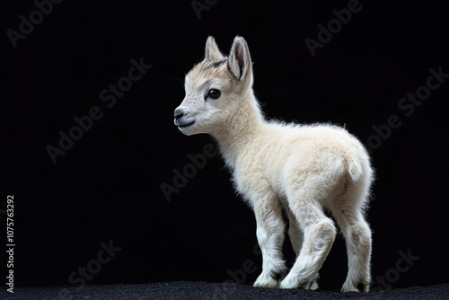 the beside view baby Alpine Ibex standing, left side view, low angle, white copy space on right, Isolated on black Background